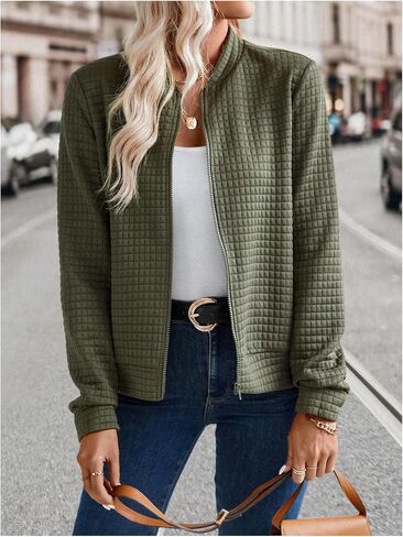 GORGLITTER Women's Bomber Shacket Jackets Long Sleeve Waffle Knit Zip Up Jacket Shirt Top in Saudi Arabia