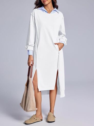 Fisoew Womens Long Sleeve Sweatshirt Dress Casual Loose Side Slit Pullover Maxi Dress in Saudi Arabia