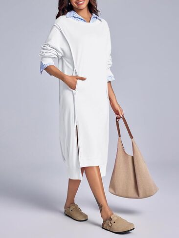 Fisoew Womens Long Sleeve Sweatshirt Dress Casual Loose Side Slit Pullover Maxi Dress in Saudi Arabia