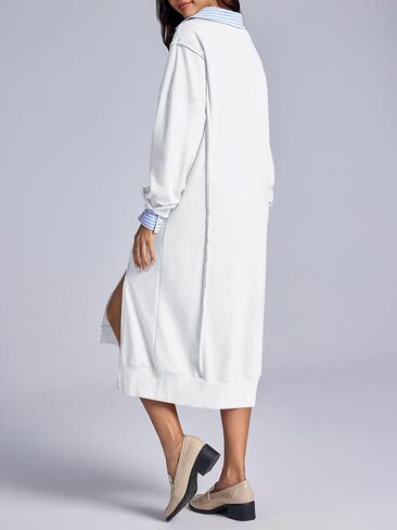 Fisoew Womens Long Sleeve Sweatshirt Dress Casual Loose Side Slit Pullover Maxi Dress in Saudi Arabia