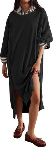 Fisoew Womens Long Sleeve Sweatshirt Dress Casual Loose Side Slit Pullover Maxi Dress in Saudi Arabia