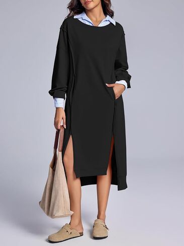 Fisoew Womens Long Sleeve Sweatshirt Dress Casual Loose Side Slit Pullover Maxi Dress in Saudi Arabia