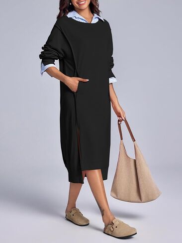 Fisoew Womens Long Sleeve Sweatshirt Dress Casual Loose Side Slit Pullover Maxi Dress in Saudi Arabia