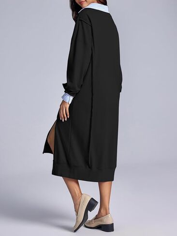 Fisoew Womens Long Sleeve Sweatshirt Dress Casual Loose Side Slit Pullover Maxi Dress in Saudi Arabia