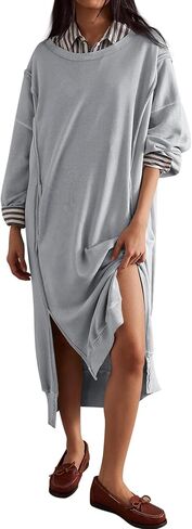 Fisoew Womens Long Sleeve Sweatshirt Dress Casual Loose Side Slit Pullover Maxi Dress in Saudi Arabia