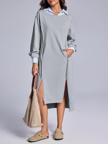 Fisoew Womens Long Sleeve Sweatshirt Dress Casual Loose Side Slit Pullover Maxi Dress in Saudi Arabia
