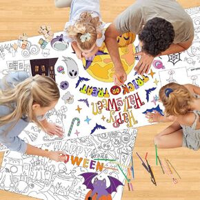 2PCS Hallowen Giant Coloring Poster 30.7x72 inches and 43x31.5 inches Waterproof DIY Large Coloring Poster Tablecloth Banner for School Classroom Activities Party Halloween Wall Decorations
