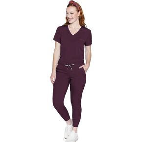 Med Couture Women's Scrub Set with V- Neck Scrub Top MC7448 and 2-Way Stretch Pants 7710, Wine - M Top/M Pant