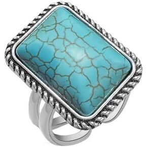 OIDIMS Boho Turquoise Square Ring for Women Antique Silver Open Adjustable Vintage Stackable Midi Joint Finger Ring Wedding Party American Western Jewelry Birthday Graduation Gift Comfort Fit