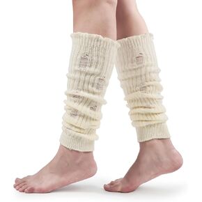 BomKinta Women Leg Warmers with Holes - Warm Ruffle Stripe Leg Sleeves - Winter Knee High Footless Socks