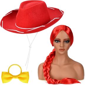 3 Pcs Halloween Cowgirl Costume Include Red Cowboy Hat Wig and Hair Band for Women Party Dress Up (Adult)