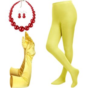 4 Pcs Halloween Costume Accessory Red Pearl Bead Choker Necklace with Earrings Set Yellow Long Opera Satin Gloves Opaque Microfiber Footed Tights for Women Adult Cosplay