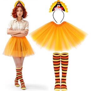 4Pcs Thanksgiving Turkey Costumes Set for Women Thanksgiving Holiday Tutus Turkey Headband Turkey Socks Trot Adult Cosplay Party Accessories