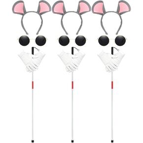 12Pcs Halloween Mouse Costume Accessories Set, Blind Mouse Costume Kit including Mouse Headbands Round Sunglasses Folding Blind Cane White Gloves for Halloween Party Favor Accessories