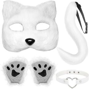 Therian Mask and Tail Set Furry Fox Mask Therian Fox Tail for Halloween Party Cosplay Costume Accessory