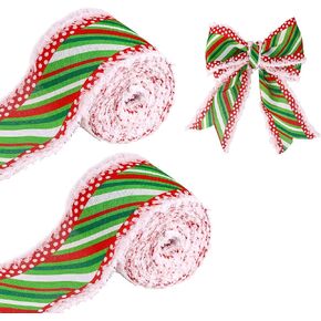 2 Rolls Christmas Wired Ribbon, 2.5 Inch 12 Yards Christmas Ribbon for DIY Crafts Polyester Christmas Tree Ribbon Snowdrift Edges Red Green White Christmas Ribbons for Crafts Decoration