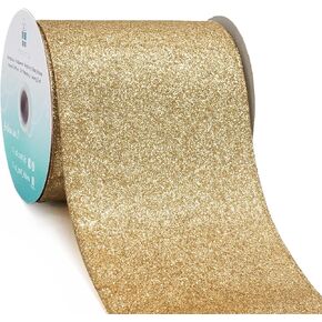 CT CRAFT LLC Glitter Wired Ribbon 4" x 10 Yards Light Gold for Christmas Home Decor Bow Gift Wrapping DIY Crafts Wreath