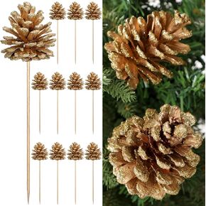 12 Pcs Christmas Pine Cones Picks Gold Glitter 2.4 x 3.15 Inches Pinecone with Wired Pick Artificial Christmas Tree Decorations Ornaments Holiday Centerpiece for Craft Garland Wreath DIY