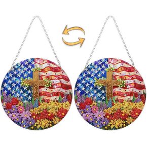 Eiflow DIY Hanging Diamond Art Kit Cross, Double Sided Diamond Drill Acrylic Board Diamonds Painting American Flag Ornament Pendant Box Kit