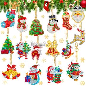 WILLBOND 16 Pieces Christmas Diamond Key Chain Kits Double Sided Diamond Art Keychain Bulk Diamond Christmas Ornament 5D Diamond DIY Painting Key Ring Pendant Christmas Tree for DIY Christmas Decor