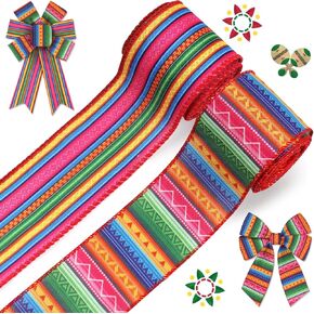 ALIBBON 2 Rolls 2.5" × 5 Yd Mexican Serape Ribbon Colorful Striped Wired Ribbon Fiesta Burlap Ribbon for Wreath DIY Crafts Bows Making Gifts Wrapping Mexican Party Decoration