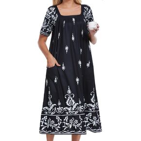 Nightgowns for Women Short Sleeve Floral Print House Dress Square Neck Moo Moo Sleepwear with Pockets