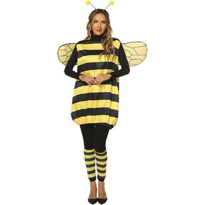 Women Halloween Bee Costume Set Halloween Bumble Bee Fancy Dress with Wings Headband Leg Sleeves Cosplay Party Dress