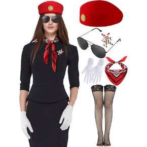 6 Pcs Women Flight Attendant Costume Accessories Stewardess Outfits Stockings Hat Sunglasses Scarf Gloves Pin