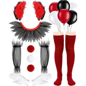 Jecery 15 Pcs Scary Clown Women Halloween Creepy Clown Costume Wig Sock Gloves Collar Plush Buttons Mesh Sleeves Balloons