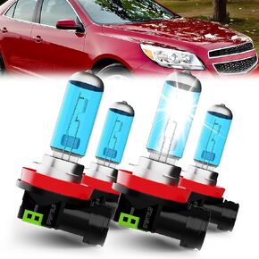 compatible with CHEVY MALIBU 2006-2012 halogen headlight bulbs, H11/H8/H9 High Beam + H11/H8/H9 Low Beams, Pack of 4