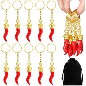 Remuuly 10 Pcs Italian Horn Keychain Italian Red Horn Charm Gift Chili Pepper Charm for Rear View Mirror Italian Horn Keychain with Gift Bag for Italian Car Accessories