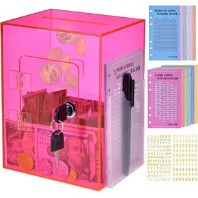 Piggy Bank for Adults and Kids, Reusable Money Saving Box with Lock, 12 Fun Savings Challenge Cards, Perfect Budgeting Tool and Gift for Birthdays, Christmas (Rose Red)