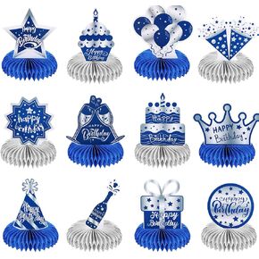 12 Pcs Happy Birthday Decorations for Men Blue Silver Honeycomb Centerpieces Party Supplies Paper Centerpiece Table Decorations Royal Table Centerpieces for Boys, Kids Party