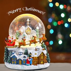 Christmas Snow Globes Santa Clause Reindeer Flying Over Village Christmas Snow Globe with 8 Songs Color Changing Battery Operated Musical Box for Christmas Home Party Décor