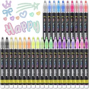 30 Colors Outline Marker Pen, 30 Pcs Double Line Metallic Marker Pens Set Paint Markers Pens Gift Card Writing Drawing Pens for Card Writing,Birthday Greet Card,Scrapbooking,Painting,DIY Art Crafts.