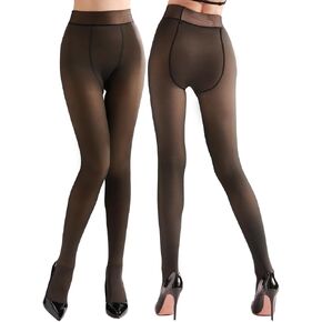 2 Pairs Fleece Lined Tights for Women, Fake Sheer Thermal Black Tights,Black,Grey,Brown