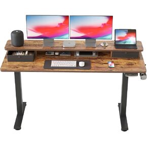 BANTI 60''x24''Standing Desk with Drawers, Adjustable Height Stand Up Desk with Storage Shelf, Sit Stand Home Office Desk with Splice Board, Black Frame/Grey Top