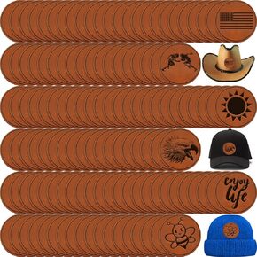 100 Pcs Round Laserable Leatherette Patch Blank Pu Leather Hat Patches with Adhesive 2.5 Inch Faux Leather Patches for Hats Jackets Backpacks (Brown)