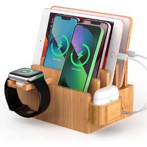 Bamboo Charging Station Organizer for Multiple Devices, Desktop Docking Stations Holder for Cell Phone, Tablet, SmartWatch & Earbuds Stand (Included 6 Cables) (➤No USB Charger)