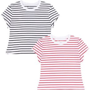 2-Pack Girls Striped Shirt Round Neck T-Shirt Cotton Short Sleeve