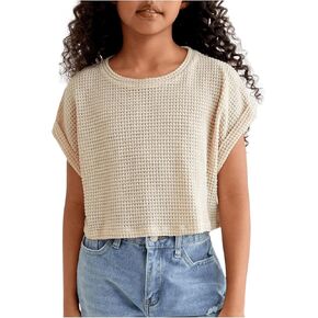 Girl's Waffle Knit Short Sleeve T Shirt Casual Summer Crew Neck Cropped Tee Tops
