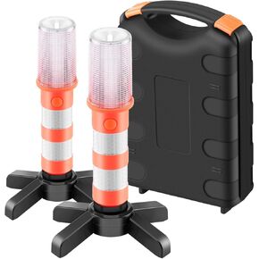 Emergency Roadside Flares Kit LED Safety Strobe Road Flares Warning Light Super Bright, Highway Beacon Alert Automotive Flare Lights with Detachable Magnetic Base, Solid Storage Case for Car, 4 Set