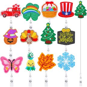 12 Pieces Holiday Badge Reels Retractable Felt Nurse Badge Holder Cute Name Card ID Badge Clip with Alligator Clip for Kids Office Staff Student Festival Employees Doctor Decorative Items