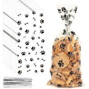 200 PCS Pet Paw Print Cellophane Bags, Dog Print Cellophane Treat Bags, Dog Treat Bags, Plastic Candy Cookie Gift Bags with 200 Silver Twist Ties for Dog Birthday Party Favors Decorations, Black