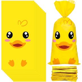 JarThenaAMCS 100Pcs Yellow Duck Cellophane Treat Bags with Twist Ties Cute Cartoon Duck Plastic Candy Goodie Bags for Summer Birthday Baby Shower Party Favors