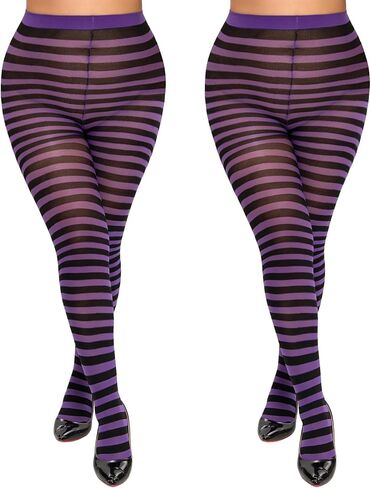 MANZI 2 Pairs Women's Plus Size Colored Striped Tights 40D Nylon Striped Pantyhose for Halloween Christmas in Kuwait