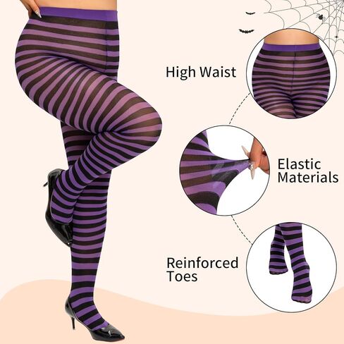 MANZI 2 Pairs Women's Plus Size Colored Striped Tights 40D Nylon Striped Pantyhose for Halloween Christmas in Kuwait