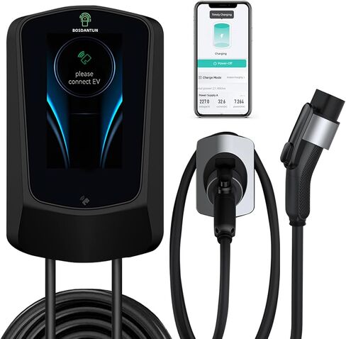 240V 11kw 48a wallbox Indoor/Outdoor ev Charger 7in LCD Display Home ev Charging Station，25ft Cable J1772 car Connector with WiFi Bluetooth 2 RFID Cards in Saudi Arabia