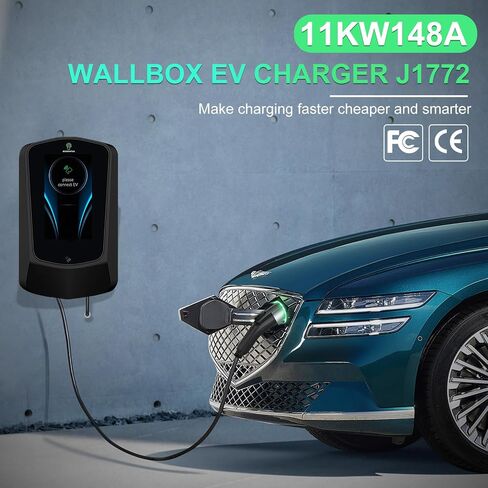240V 11kw 48a wallbox Indoor/Outdoor ev Charger 7in LCD Display Home ev Charging Station，25ft Cable J1772 car Connector with WiFi Bluetooth 2 RFID Cards in Saudi Arabia