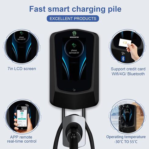 240V 11kw 48a wallbox Indoor/Outdoor ev Charger 7in LCD Display Home ev Charging Station，25ft Cable J1772 car Connector with WiFi Bluetooth 2 RFID Cards in Saudi Arabia